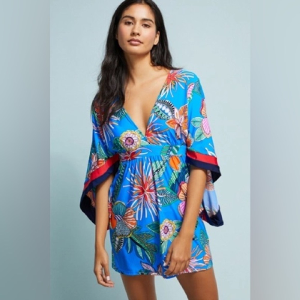 NWT Trina Turk Tahiti Cover-Up Dress Size Small Blue Tropical Print Tunic Resort